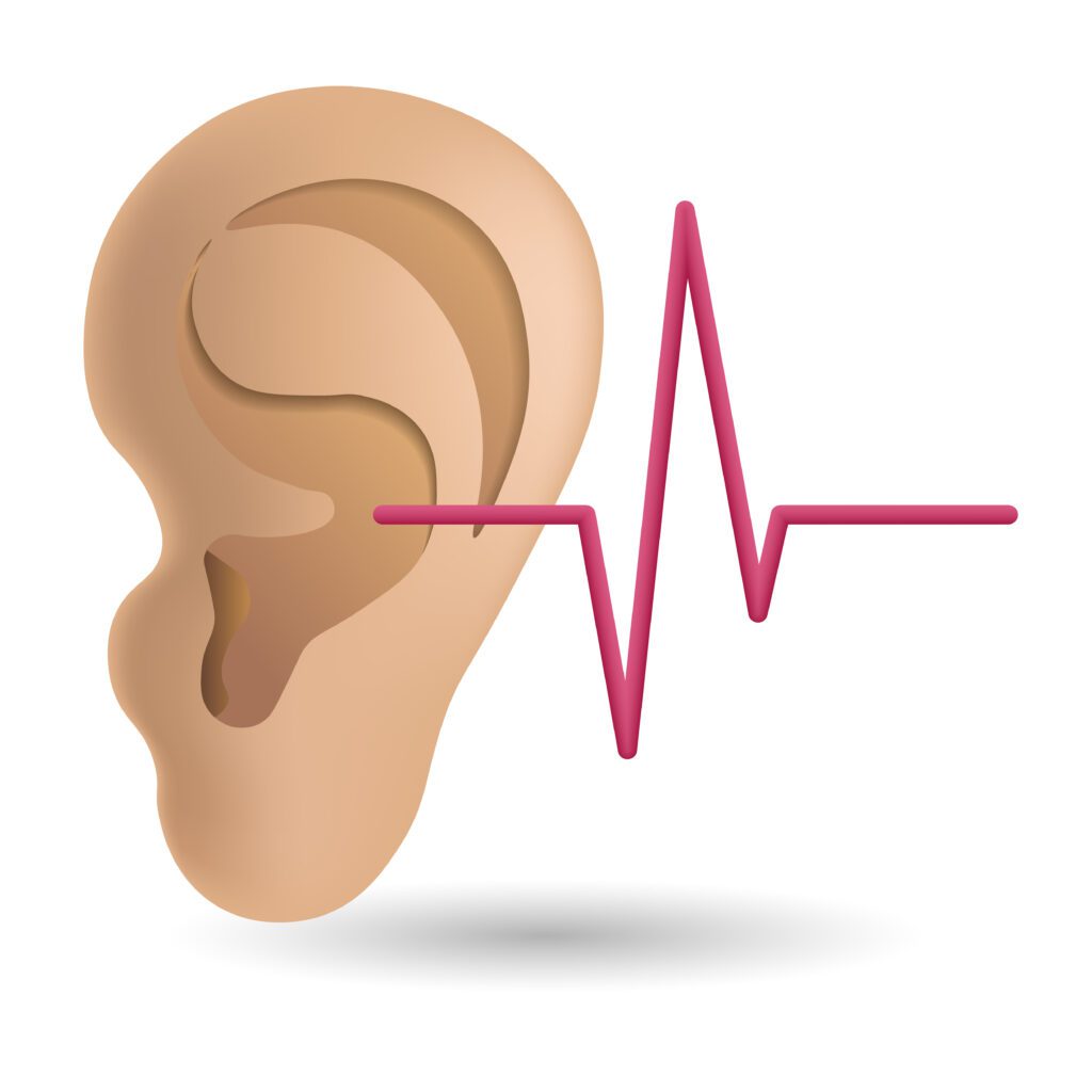 A picture of an ear with a heart beat line behind it.