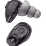 A pair of ear plugs with a clip on the side.