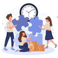A group of people holding puzzle pieces in front of a clock.